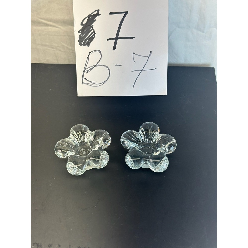 Set of 2 Clear Glass Flower Votive Candle Holders Floral Design B-7